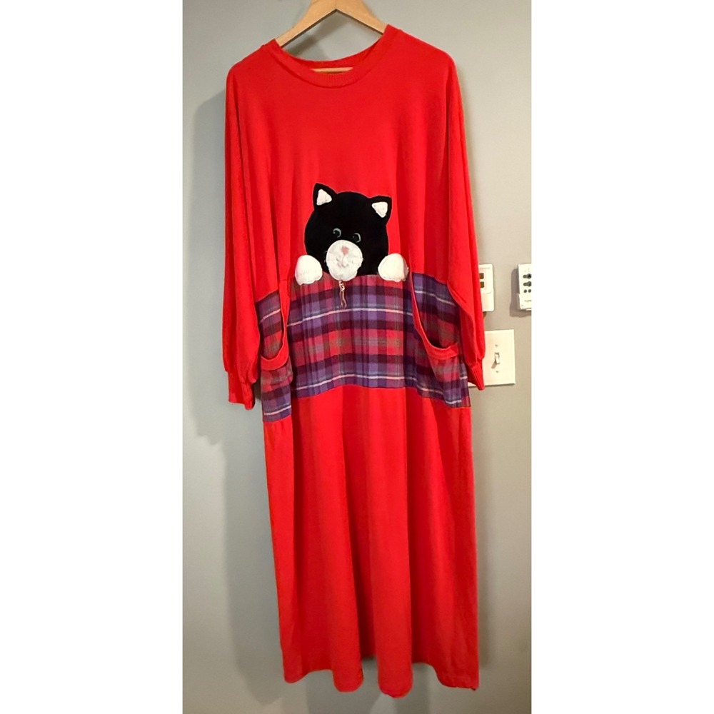Beth Michaels Sweatshirt Dress Womens OS Red Cat Plaid Pockets Vintage Kitsch